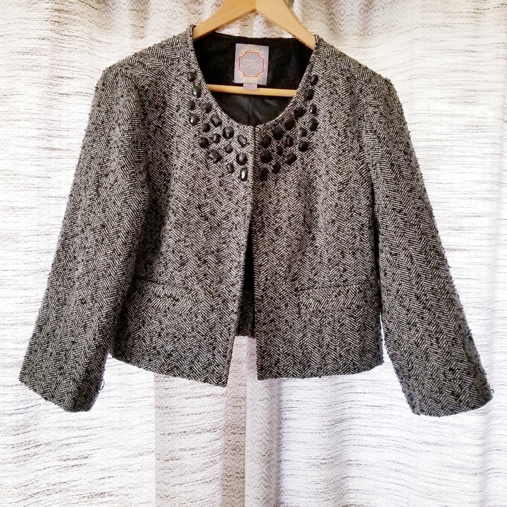 Forever 21 Cropped Tweed Blazer Black White Large